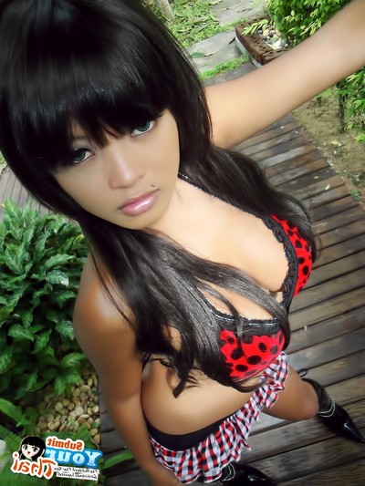 Immense tit thai girlfriend striptease and posing outdoors