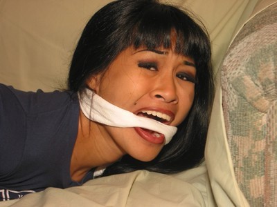 Foot obsession and covered hogtied subjugation of gagged eastern adolescent cutie