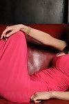 salvaje Fotos de Un Bastante en Un rosa Traje en Un rojo sofá