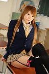 Damsel In A Blue Coat And Ebon Nylons Face-Sitting In The Classroom.