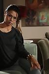 Nerdy Dana Vespoli strips off her study clothes and poses on her couch