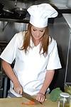 Curvy milf in cooks uniform goes from food to hardcore sex