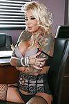 Chesty blonde boss woman Britney Shannon modeling fishnet stockings at work