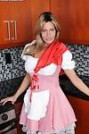 Stunning blonde MILF in fancy maid uniform undressing and exposing her goods