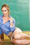 Milf babe Nicole Aniston stripping out of red lingerie in classroom