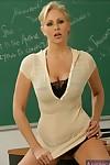 MILF teacher in glasses and high heels Julia Ann stripping on the table