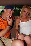 Lustful cougar shows off her blowjob skills at the back seat