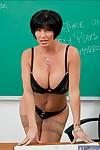 Strict mature teacher Shay Fox strips to lace top nylon stockings