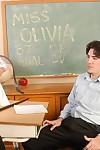 Brunette fatty Olivia tucking her student in classroom for grades