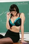 Mature teacher in glasses Alia Janine denudes her curvy assets
