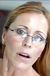 Mature teacher in glasses Nicole Moore pleasuring cock with her boobs