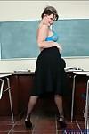 Mature sex teacher in stockings Maya Divine flaunting topless in class