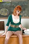 Redhead teacher in nylon pantyhose Sasha Brand toying her twat in the classroom