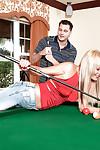 Sexy blonde in jeans Jenny Hamilton stripping and sucking on the pool table