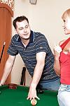 Sexy blonde in jeans Jenny Hamilton stripping and sucking on the pool table