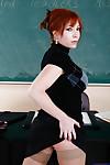 Redhead mature teacher in stockings undressing and rubbing her clit