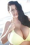 Buxom big tit model Leanne Crow letting huge melons loose at the beach