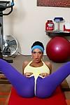 Gorgeous Claire Dames with big boobs poses solo in hot sports outfit