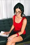 Brunette MILF in glasses India Summer strips in office and masturbates