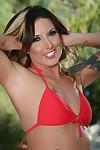 Latina MILF babe Fiona Cheeks stripping off red bikini outdoor