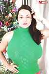 Brunette Latina pornstar Monica Mendez bares monster MILF tits at Christmas