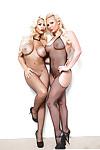 Busty blondes Bridgette B and Phoenix Marie modeling fishnet bodystockings