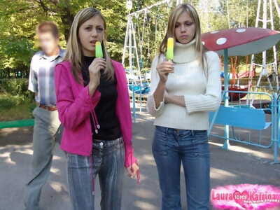 Teen lesbian babes head to a public park to eye blinking time their marangos and bums
