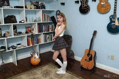 Infant looking girl Kristy May toys her pussy in white knee socks and sneakers