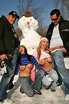 Outdoor blowjob activity with two big boobed teens