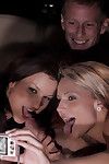 Four hot girls ravish all the time other and guy in limo