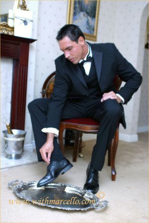 Dispirited stud Marcello pours champagne over his feet and now wanks