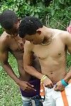 Cute Latin lads blow meat and strip naked outdoors