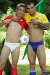 Slender, blonde hottie, Sven Laarson is getting buy the spirit of the World Cup Series with regard to dark-haired footie pal, Tom Byron. Each sports their favorite teams colors as the kick the dancing party around, dressed only in jockstraps. Hammer away 