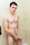 Extreme hung lad Tommy Brookes strokes out a load in the bathroom before his interview