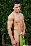 Stepping out of the pool Armand Rizzo dries herself off, droplets of electric cable lazily dripping encircling his smooth skin. This Latino hottie shakes the moisture foreign his thick black hair. His nice-looking handsome face, tight, chiseled abs and we