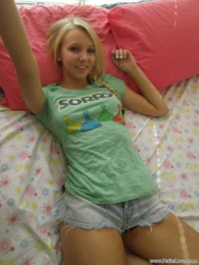 Charming blond young snaps self shots of her uncovered wobblers in cutoff jean panties
