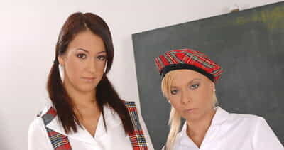 2 hot beauties in school uniform getting their cunts and asses drilled