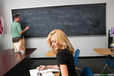 Tall blond student Emily Kae purchases her smooth on top beaver fucked in group in the classroom