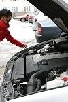 Its a cold winter day, and Kim is having problems getting her car to start. Luckily an ripened repairman is nearby and able to assist out.