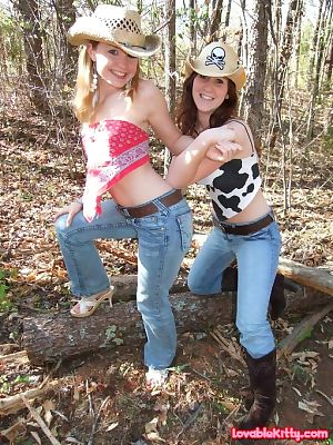2 wild young cowgirls stripped their tasty boobies in the woods