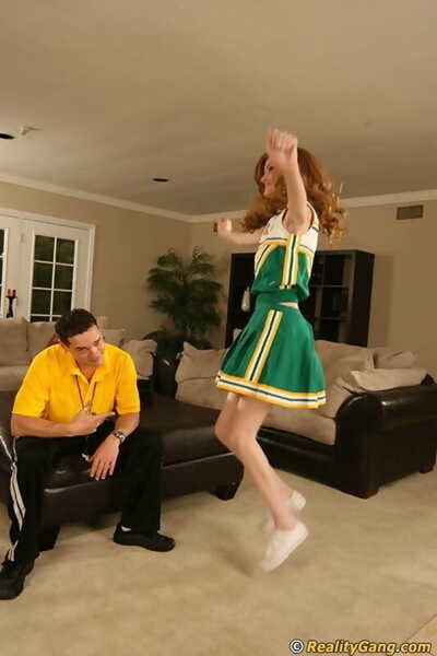 Excited cheerleader receives her hairless twat cocked up and takes cum flow in her entrance
