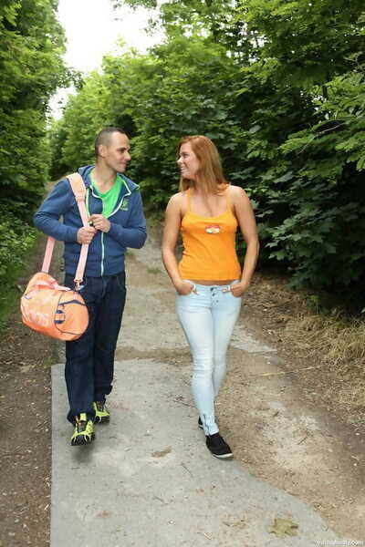 Appealing redhead stripped off on hiking path to blow as was born and acquire a mouthful of semen