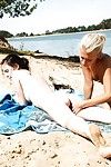 Young teen dyke Sara J sunbathing in unclothed on touching lesbian girlfriend