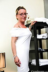Nerdy mellow secretary hikes her white costume up and benefits from screwed on a sofa