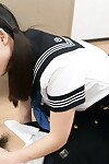 Japanese schoolgirl in pigtails facesits & gives tutor a hand job in way