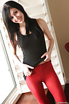 Excited black hair youthful catie minx in red nylon