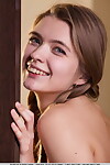 Golden-haired lass Sigrid in pigtails displaying her little breasts and unclothed snatch