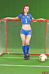 Foxy Japanese juvenile with moist a-hole standing in body painted soccer outfit
