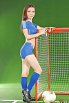 Foxy Japanese juvenile with moist a-hole standing in body painted soccer outfit