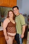 Obese housewife Cyn eating stream of cum without hand in kitchen